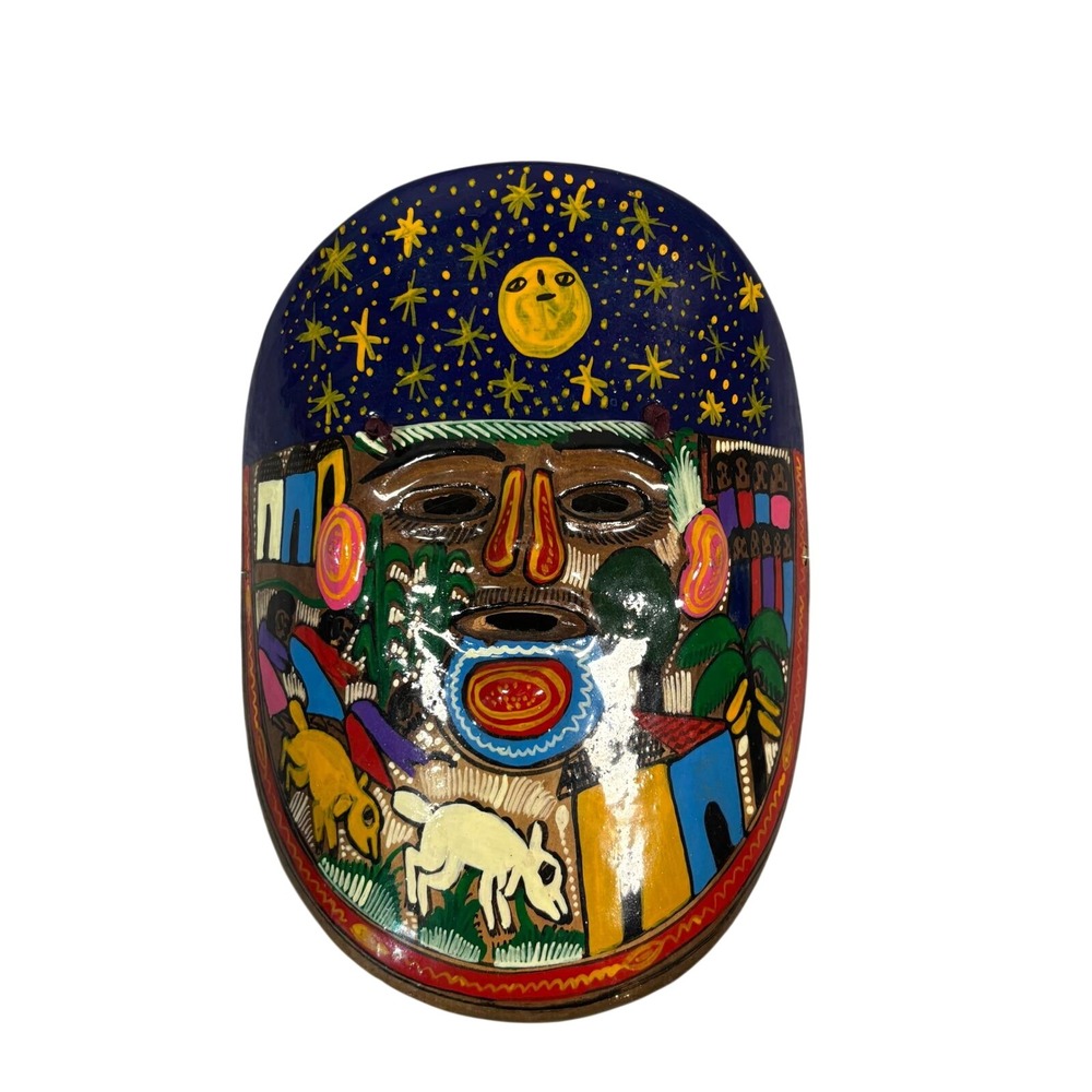 Vintage from Mexico Hand Painted‎ Folk Art Wooden Mask Moon Stars Village Scene